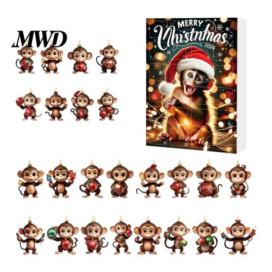 Christmas Tree Decoration Monkey Advent Calendar, 24 Days Countdown Calendar with 2D Acrylic Hanging Pendant Ornament, Funny Animal Xmas for