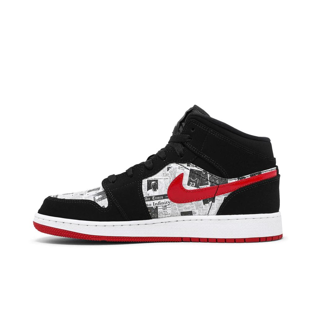 Air Jordan 1 Mid SE Grade School 'Newspaper Air Times' (Unisex) Black / Gym Red / White Kids' Basketball Shoes BQ6931 061