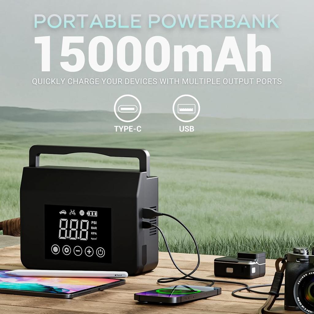 4000A Tragbarer Starthilfe-Booster mit Luftkompressor, 12V Auto-Batteriestrom, 150PSI Reifenfüller, 15000mAh Powerbank, Schnellladung & Fla