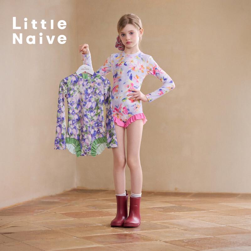 Kleines naives Mädchen Langarm UV-Schutz Einteiler Badeanzug