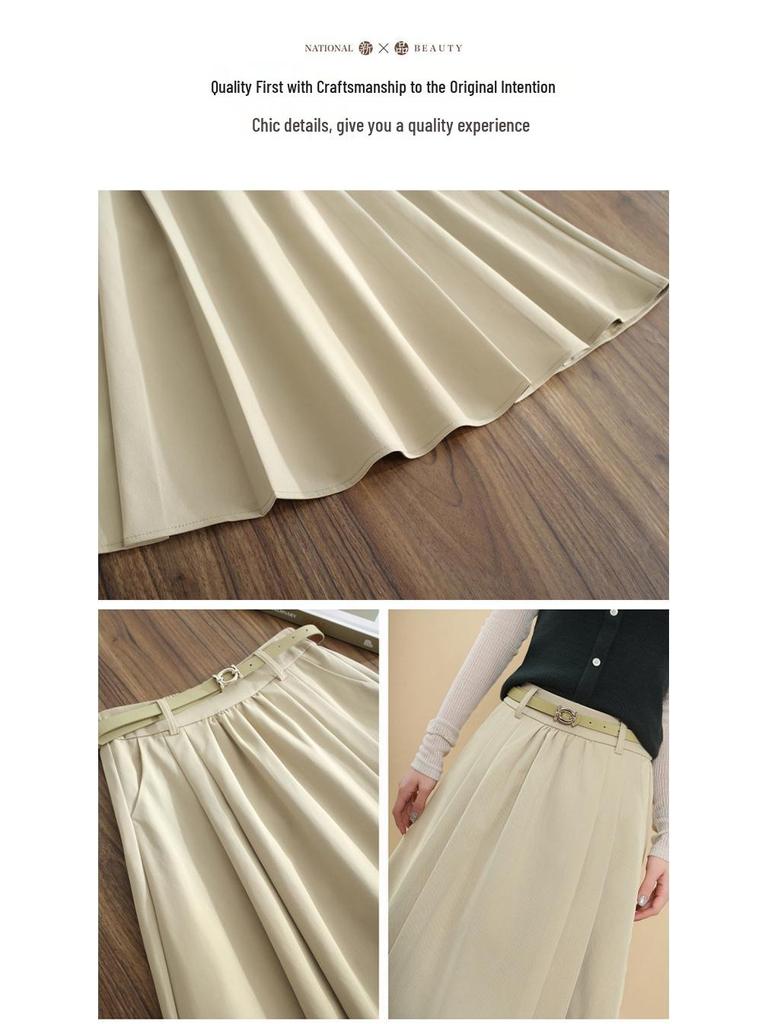 Women's Tencel Wool A-line Midi Skirt, High Waist, Hip-Covering, Pleated, Spring/Autumn 2025