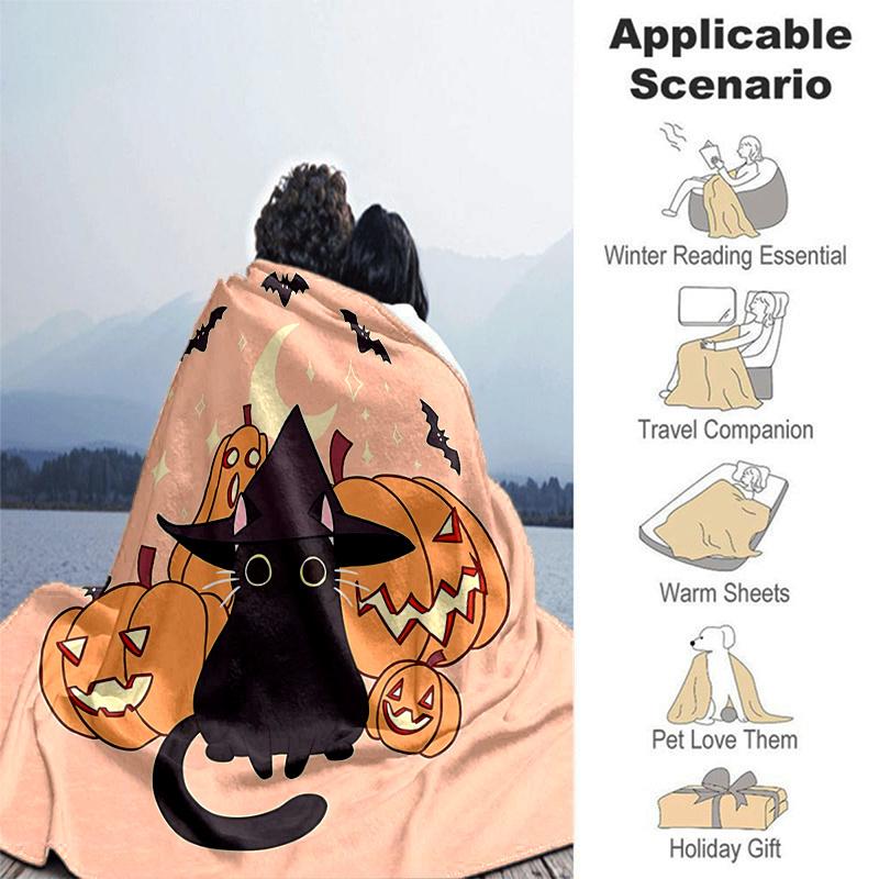 1pc Moon Bat Pumpkin Cat Blanket Seasonal Home Decorative Throw for Room, Cute Gift Idea, Living Room, Travel, Camping, Car Blankets