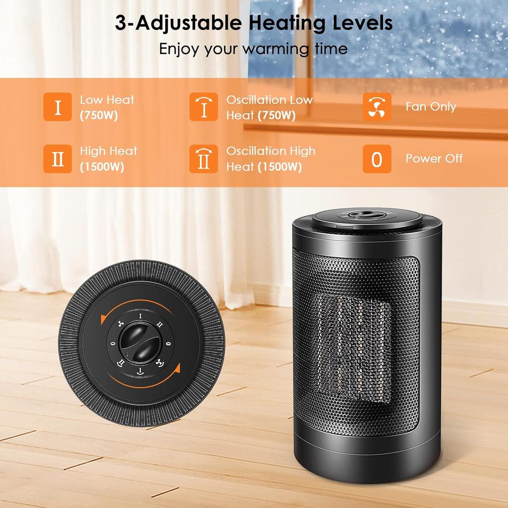 Personal Space Heater, Portable 750W-1500W Fast Heating Ceramic Tower Heater with Over-Heat Protection, Small Heaters for Bedroom