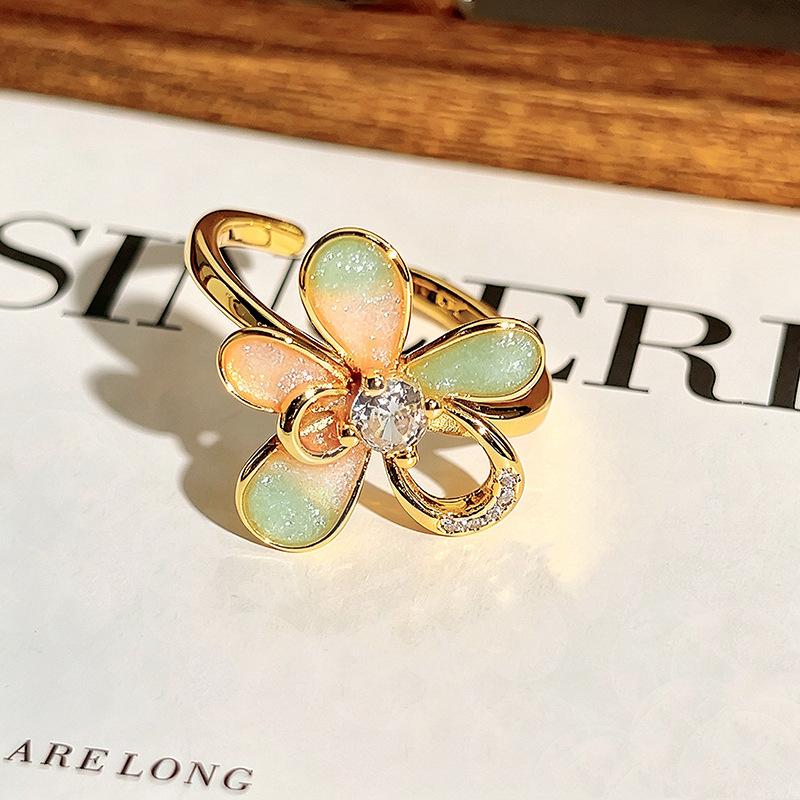 Heavy‑Craft Medieval Vintage Stack‑Wear Open Ring Chunjian Three‑Flower New Chinese Enamel Flower Zircon Adjustable Fashion Jewelry