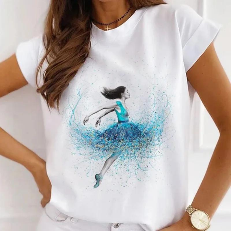 Stylish African Womens Watercolor Ballerina Girl Cute Cartoon Short Sleeve Tshirt Summer Tops Vintage Clothes Oversized Tee
