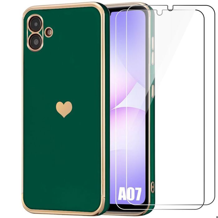 Coque de Protection - BOOLING - Samsung Galaxy A07 - Silicone Motif Cœur Slim Vert Nuit - 2 Vitres
