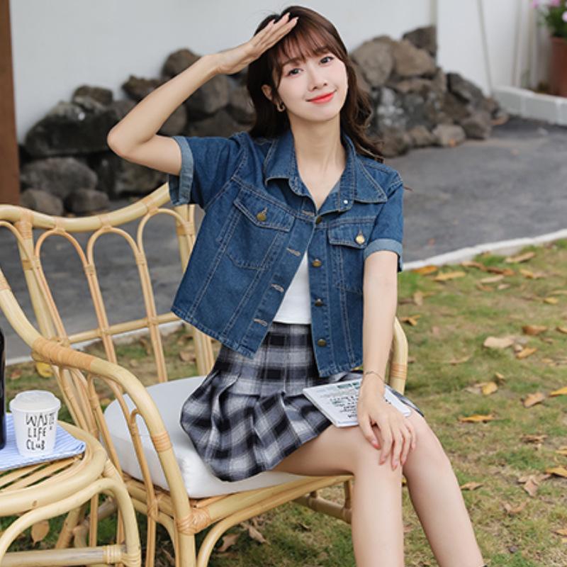 Retro Square Shoulder Slim Denim Short-Sleeve Top - Classic, Skin-Friendly, and Versatile for Casual Layering