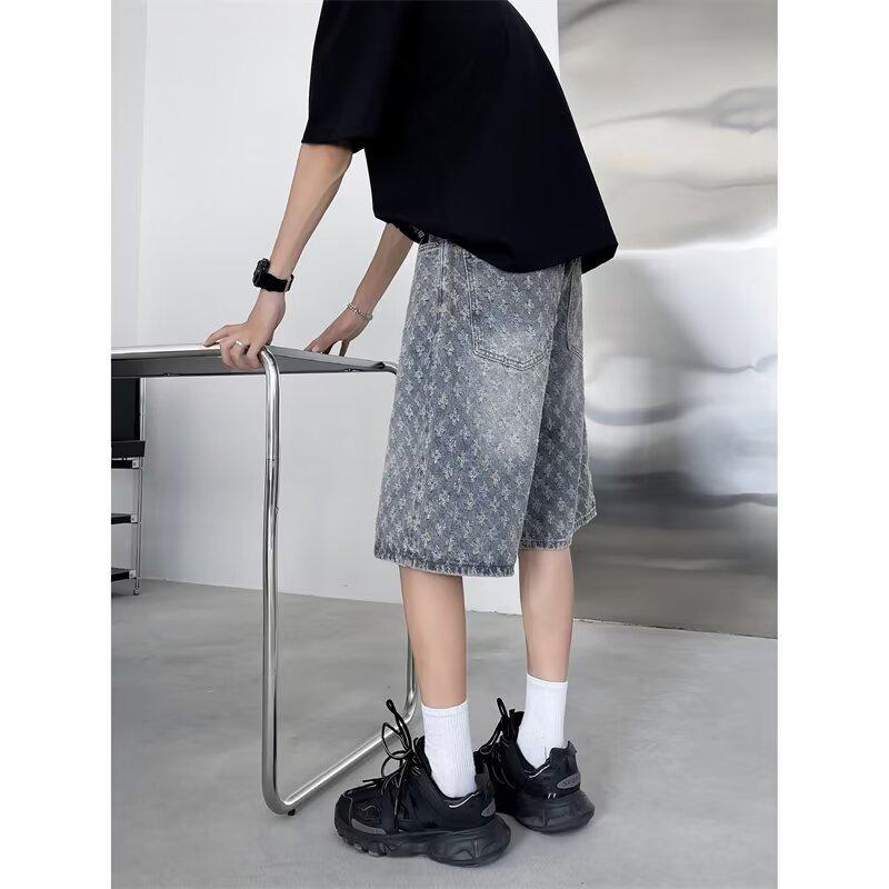 Jacquard Denim Shorts Herren Sommer Dünner Stil Hübsche Street Hose Amerikanische High Street Locker Knielang Fünf-Punkt-Hose