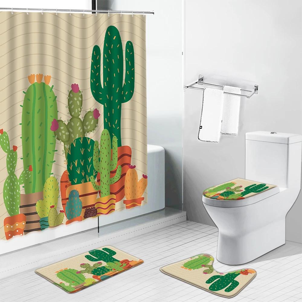 Pink Flower Plant Shower Curtains Cactus Lavender Floral Scenery For Bathroom Curtain Non-Slip Bath Mat Toilet Cover Set Carpet