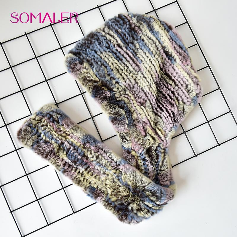 SOMALER Vinter kaninpelshue Skjerf for kvinner Russisk stil strikket pelsbeanies og skjerf