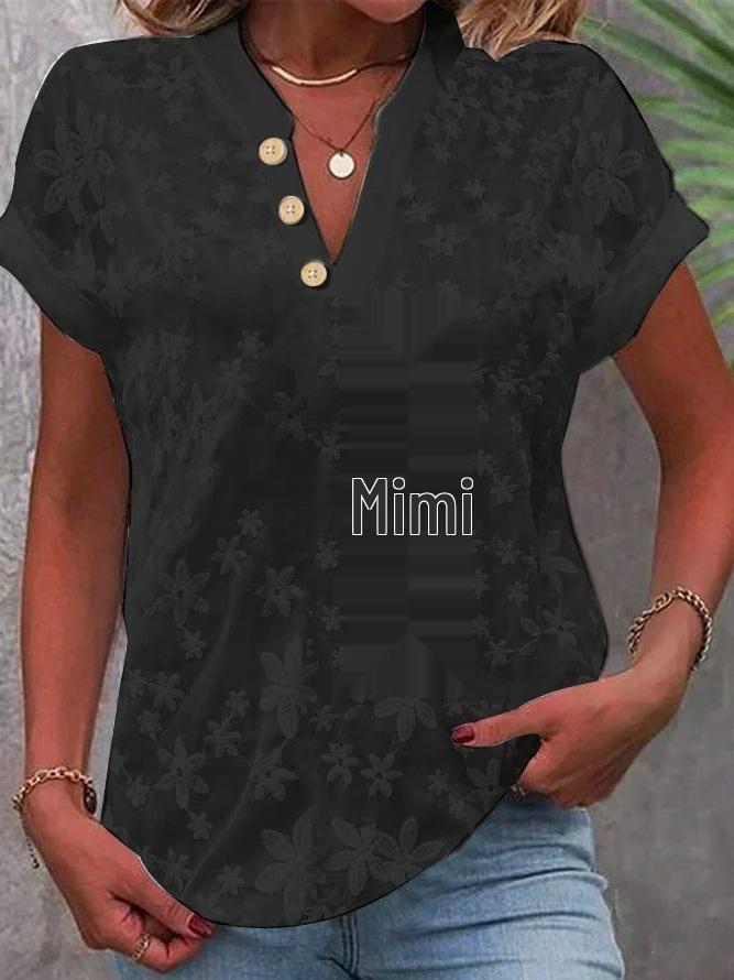 2025 Summer Casual Lace Embroidered V-Neck Women's Short-Sleeve Shirt