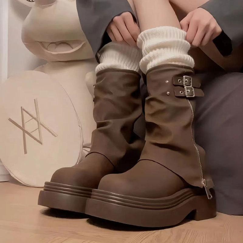 Maillard retro British style platform Martin boots women's new autumn heightening brown pile short boots