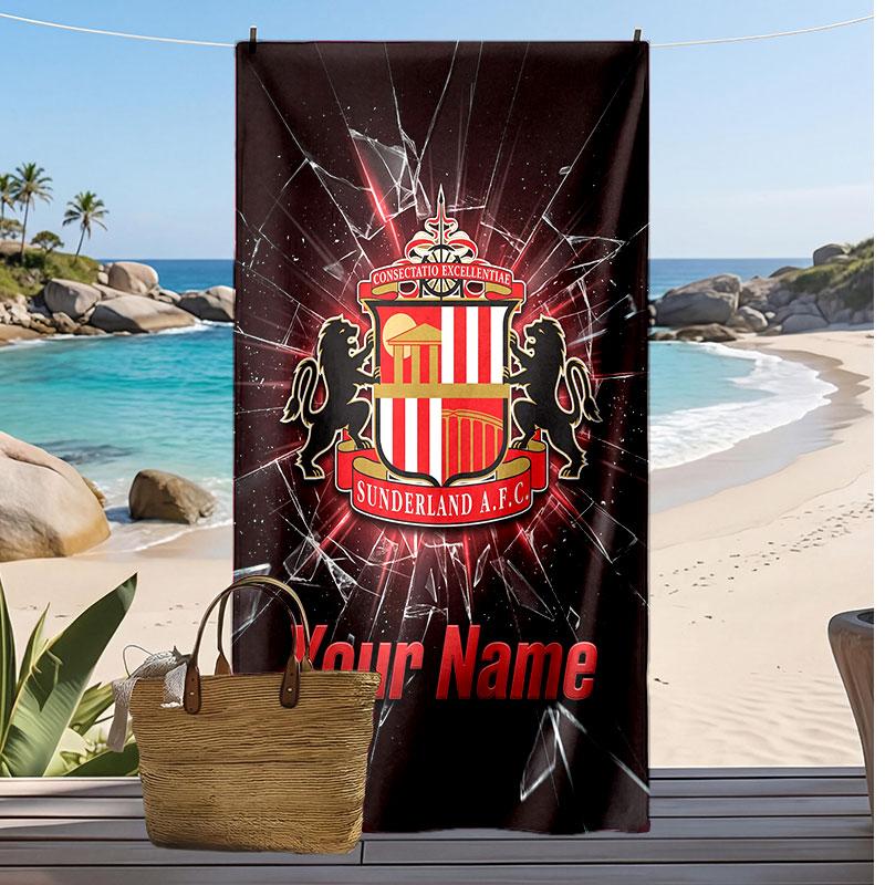 Asciugamano da Spiaggia Personalizzato Stampato Sunderland FC Logo Calcio Supporto Nome Personalizzato Testo Asciugamano Assorbente Per Sport Viaggio Regalo Speciale