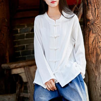 Frühling Einfarbig Stehkragen Langarm Oberteile Damen Vintage Einreiher Strickjacke Baumwolle Leinen Hemden