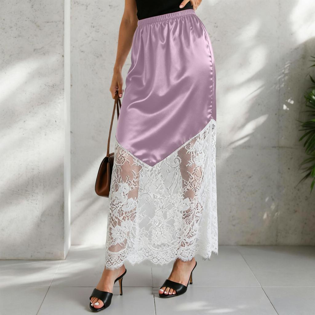 Women's Lace Maxi Skirt with Satin A-Line and High Elastic Waist for Daily Wear