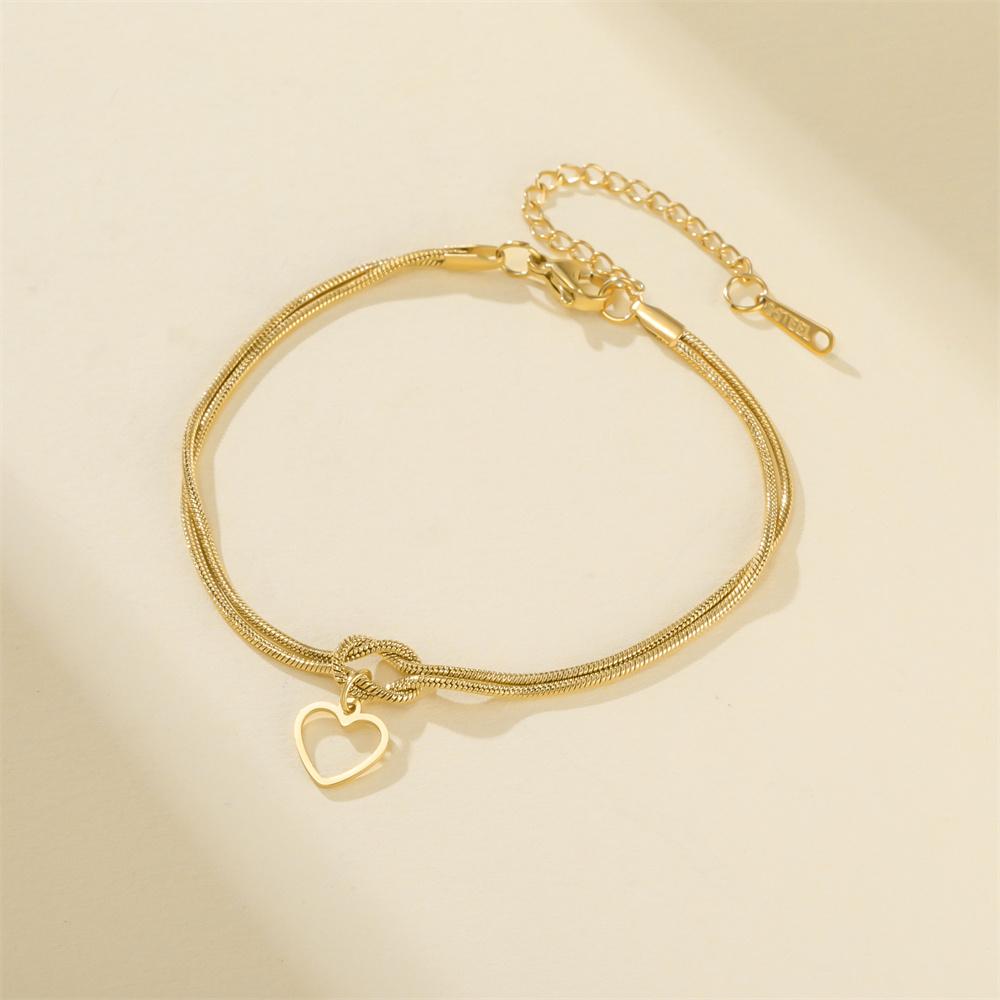 Solid Heart Charm Bracelet 18K Gold Plated Hollow Heart Knot Snake Chain Stainless Steel Adjustable Hand Chain Jewelry Girl Gift