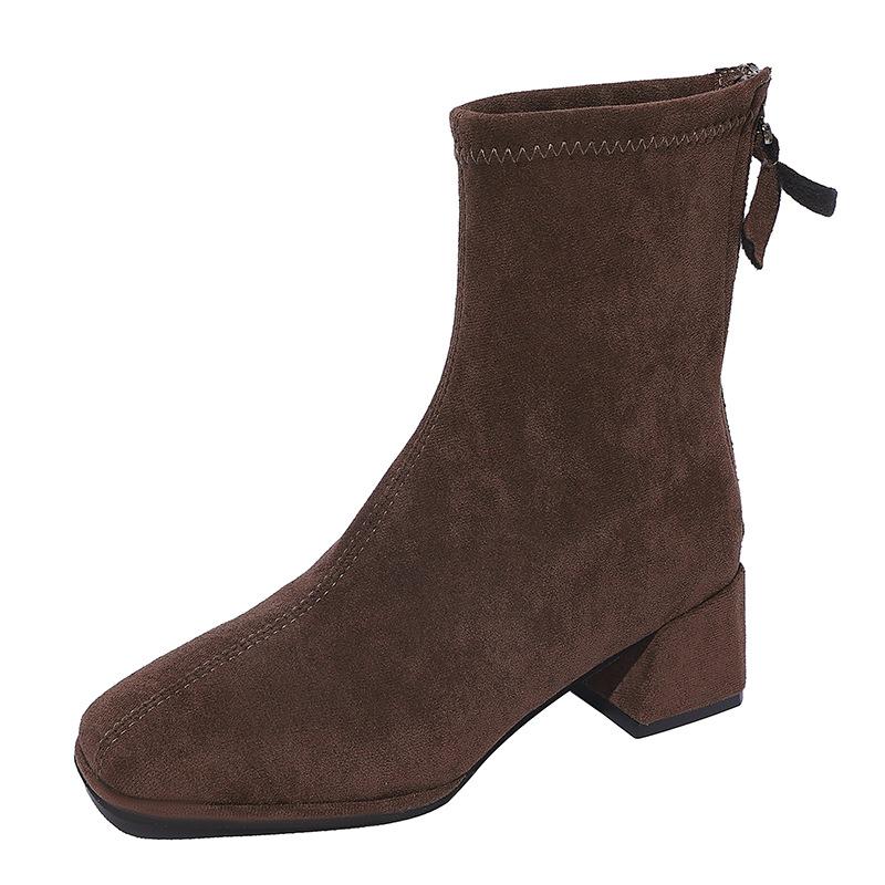 Brown thick heel short boots women's thin boots 2025 new autumn and winter square head high heel socks boots women's suede elastic boots