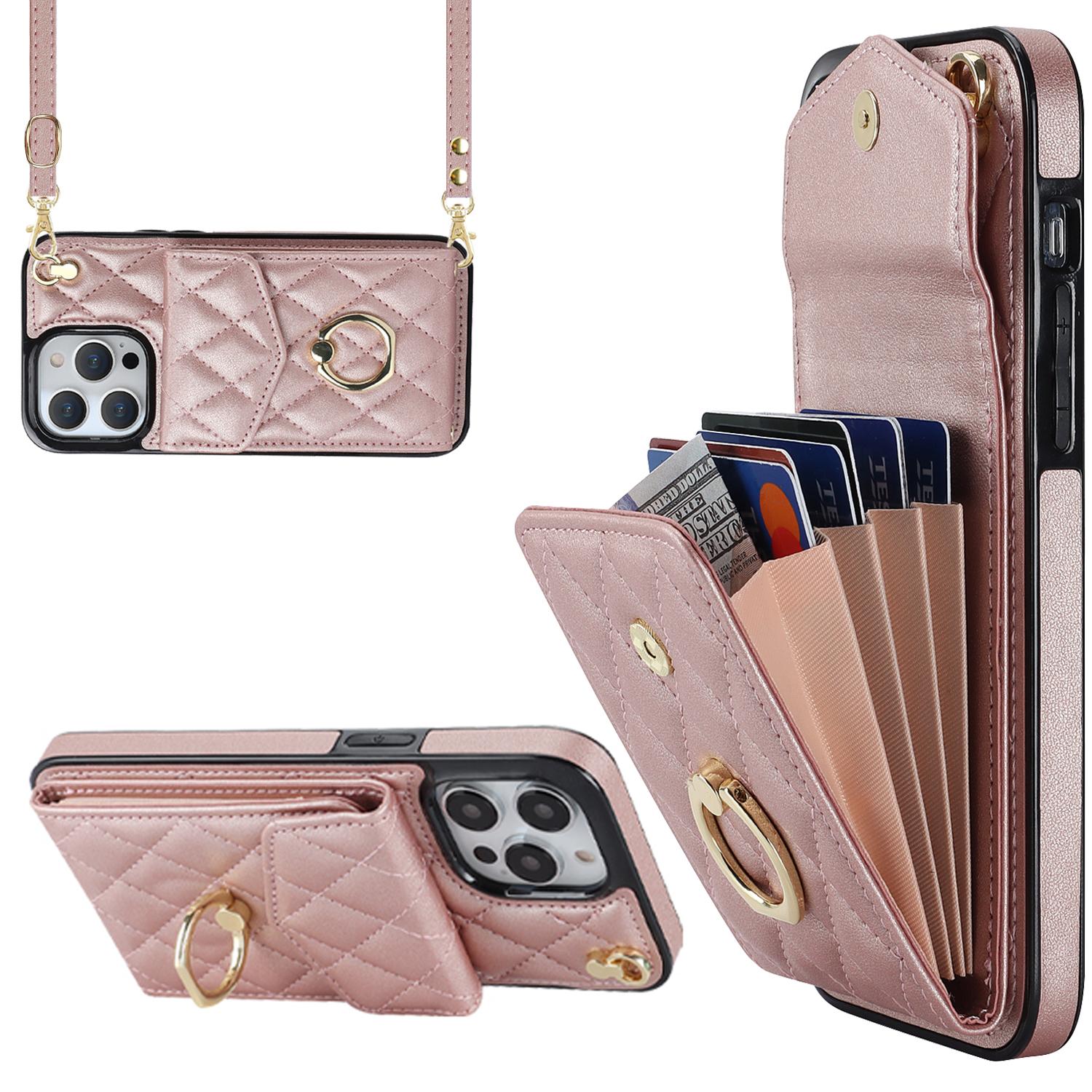 

Для iPhone 15 Pro Max Противоударный чехол с RFID-защитой, несколько слотов для карт, кольцо-подставка, чехол для телефона из ПУ кожи + ТПУ Rose Gold