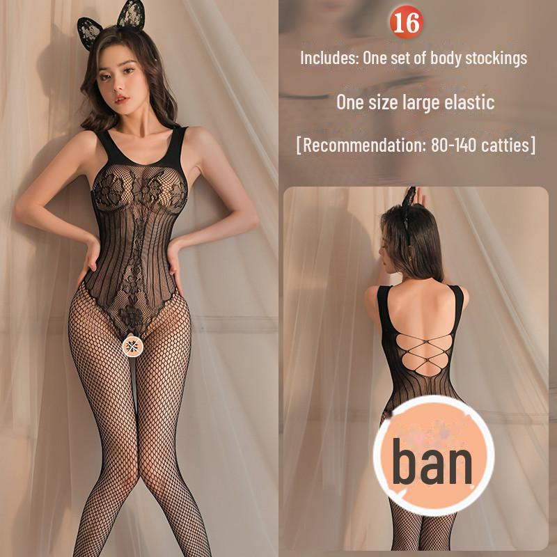 Erotic Black Mesh One-Piece Lingerie Set with Open Stockings - Tempting and Sexy