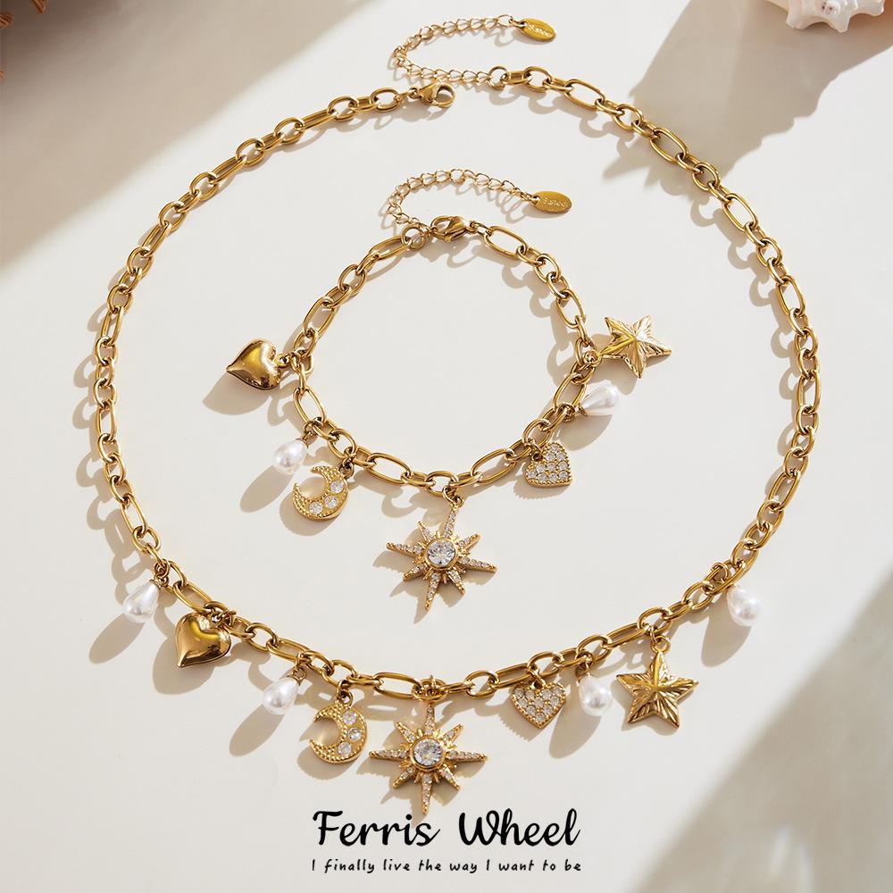 Star Moon Pearl Zircon Necklace & Bracelet Set with Multi-Accessory Design