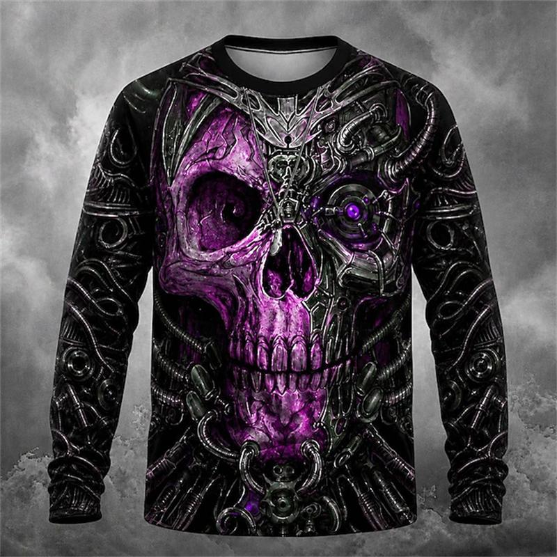 New Men's Round-Neck Halloween Long-Sleeve T-Shirt with Spooky Skull Print for Holiday Parties - Men's Top