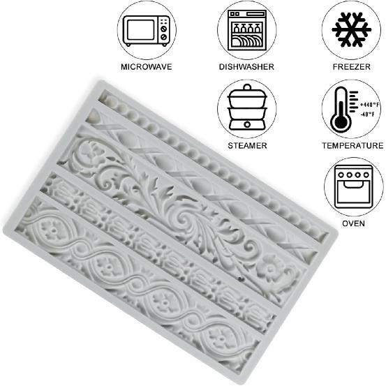 DIY Baroque Scroll Relief Cake Border Silicone Molds, Baroque Style Curlicues Scroll Lace Fondant Silicone Mold, an Frame Cake Decorating Tools,