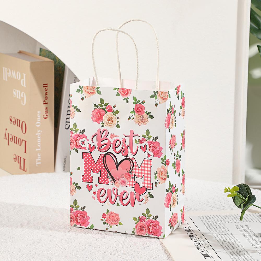 5Pcs Kraft Paper Shopping Bags with Floral Print Ins Style Plant Pattern Handles Gift Packaging Bags Souvenir Bags Store Retail Shopping Bags