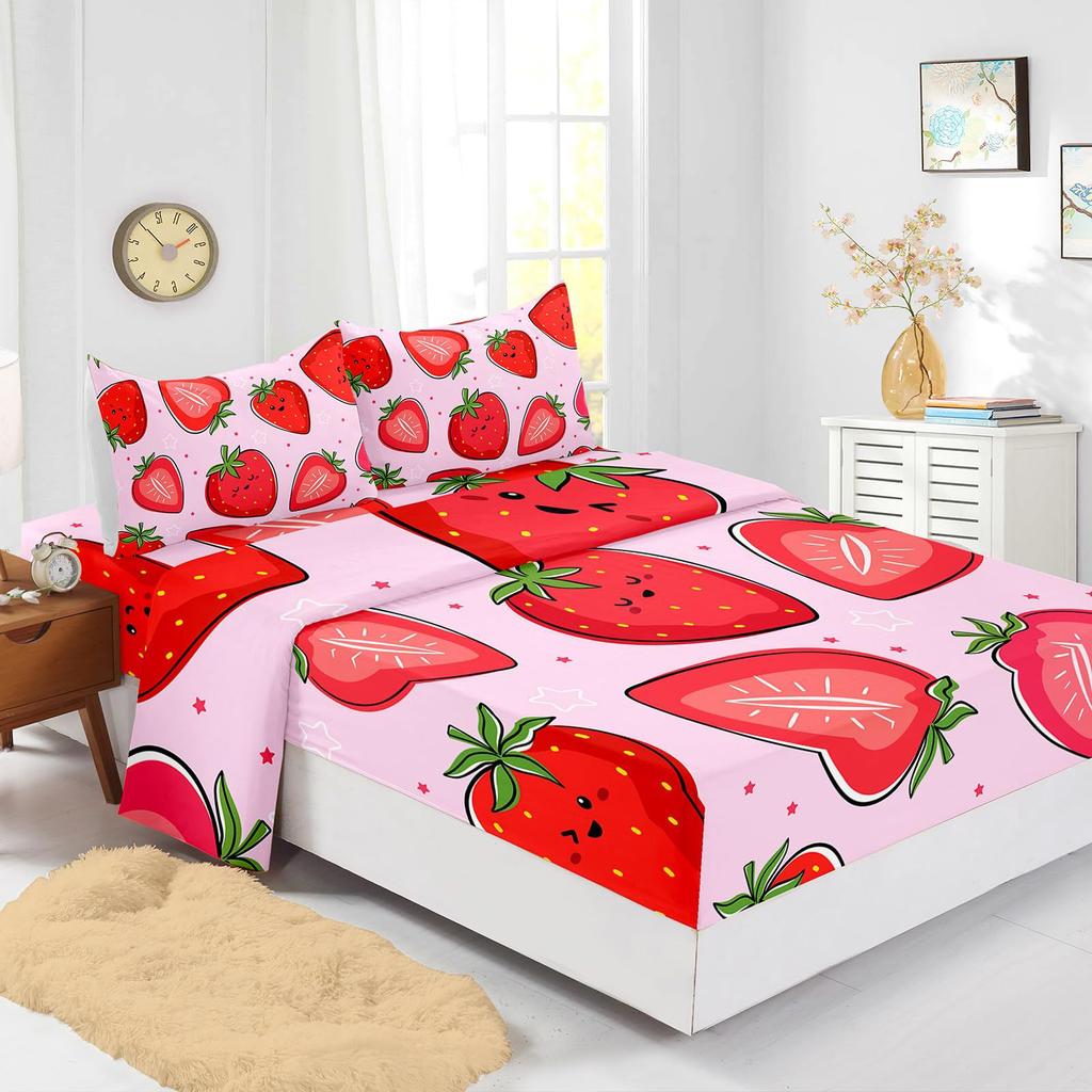 Cartoon Fruit Strawberry Pattern Bed Hat Four-Piece Bedding Set Bedroom Dormitory Bedding Decoration