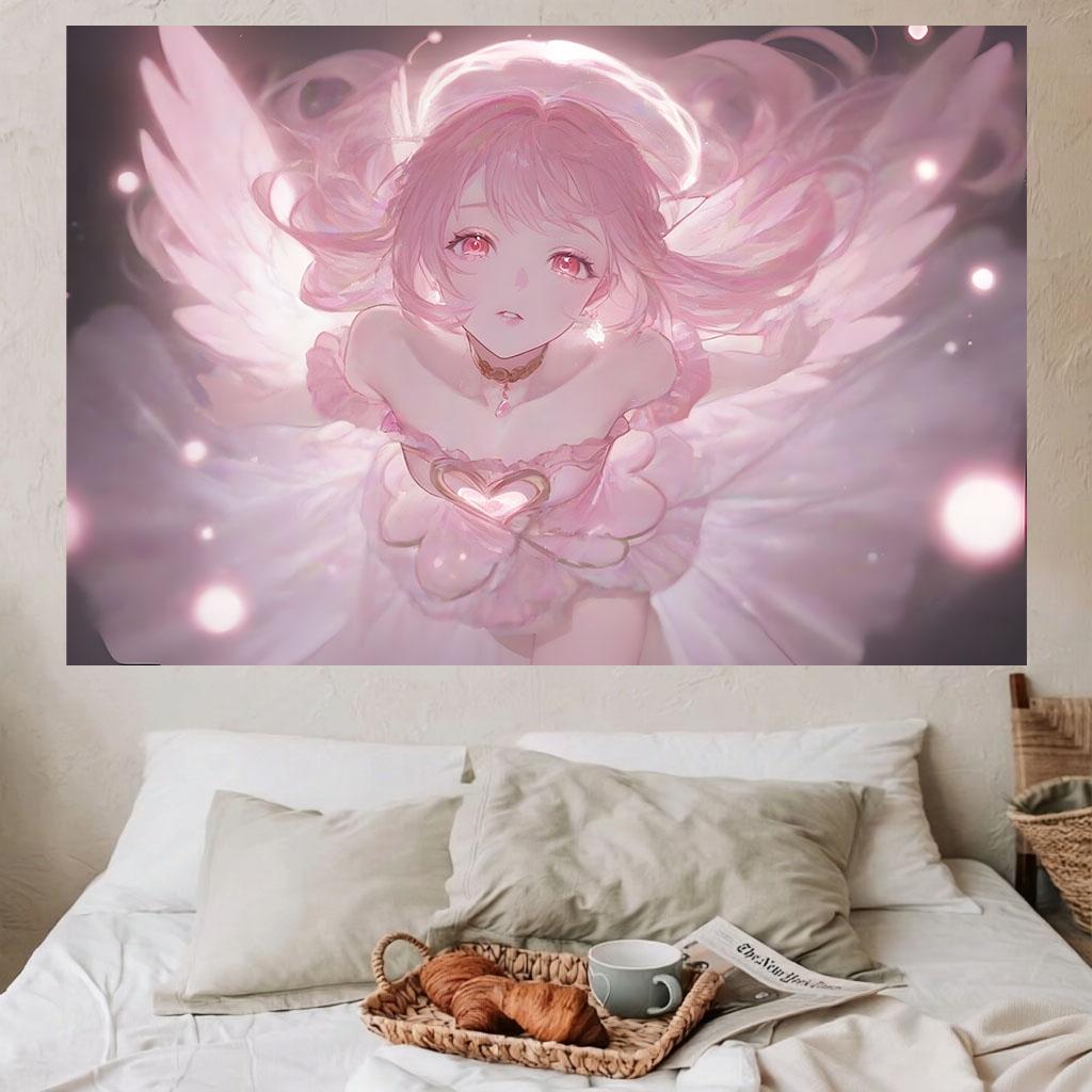 Pink Angel Anime Girl Tapestry Aesthetic Wings Wall Hanging Soft Pastel Kawaii Art Wall Tapestry Bedroom room decoration items
