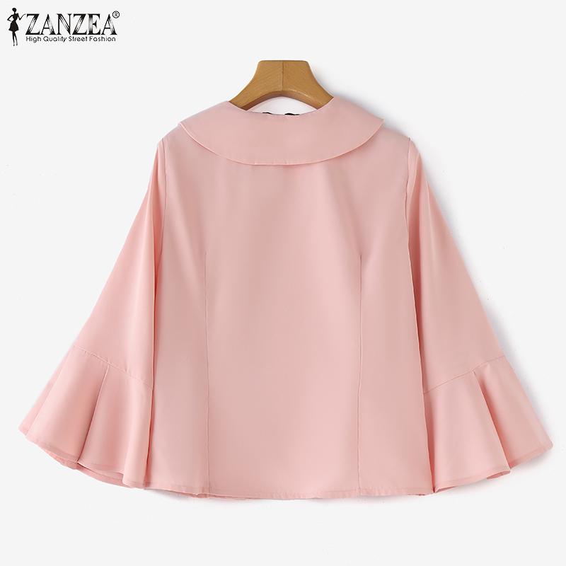 ZANZEA Damen Herbst Revers 3/4 Ärmel Patchwork Rüschen Hemden