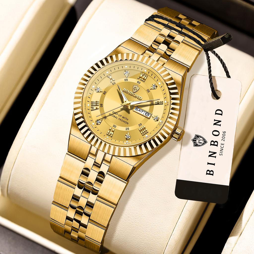 BINBOND Precise Quartz Watches For Men Week Display Auto Date Stainless Steel Luminous Waterproof Men's Watch Luxury Reloj