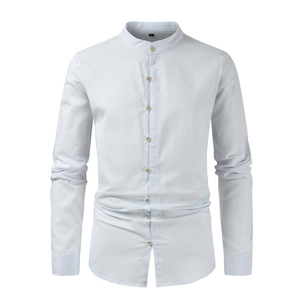 Men's Casual Business Solid Color Long Sleeve Shirt Men's Stand Collar Button-Down Shirt