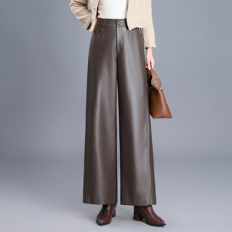 Womens High Waist Wide Leg PU Pants Loose Long Straight Trousers Petite Friendly Fall 2026