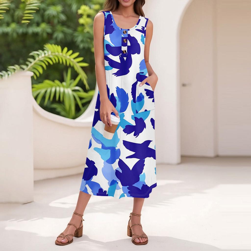 Women's Summer Casual Fashion Floral Print Sleeveless Button Casual Long Dress