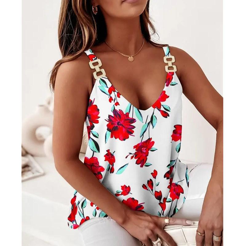 Evropský a americký styl bez rukávů řetízkový véčkový potisk tílko pro ženy