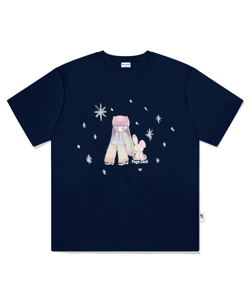 PAGESIISII Rabbit Friends Illustration Print Short Sleeve T-Shirt Navy