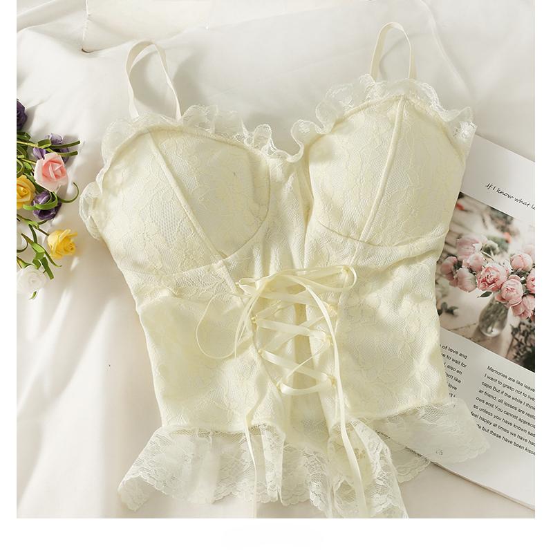 Kleidung Blusen Sexy Crop Tops Damen Korsett Spitze Bandage T-Shirt Camisole Damen Träger Tanktop Mode Ärmellose Weste