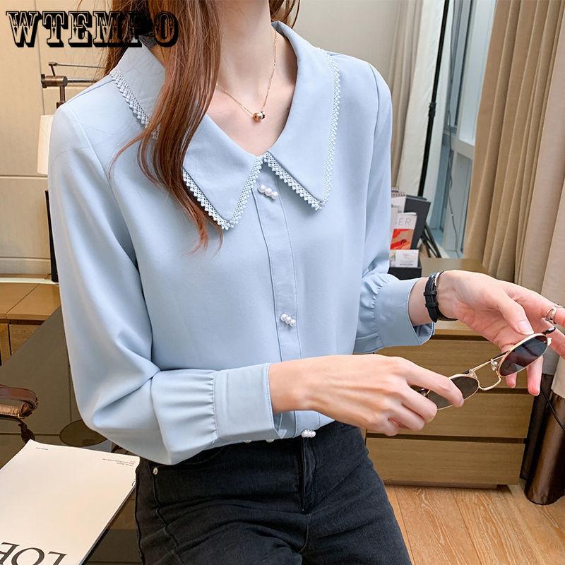 Blue Shirt Chiffon Doll Collar Top Long Sleeved Spring and Autumn Women's Shirt