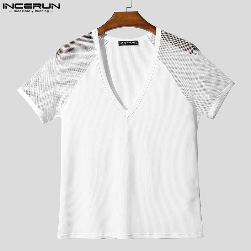 INCERUN Herren T-Shirts Lässig V-Ausschnitt Kurzarm Netzgarn Transparent Patchwork Oberteile