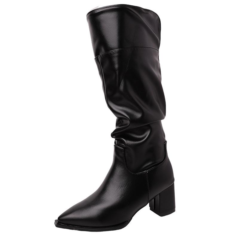 Piaohong retro style Spice Girl pointed head pleated rivet boots women's 2025 autumn and winter new versatile knight boots fashion boots