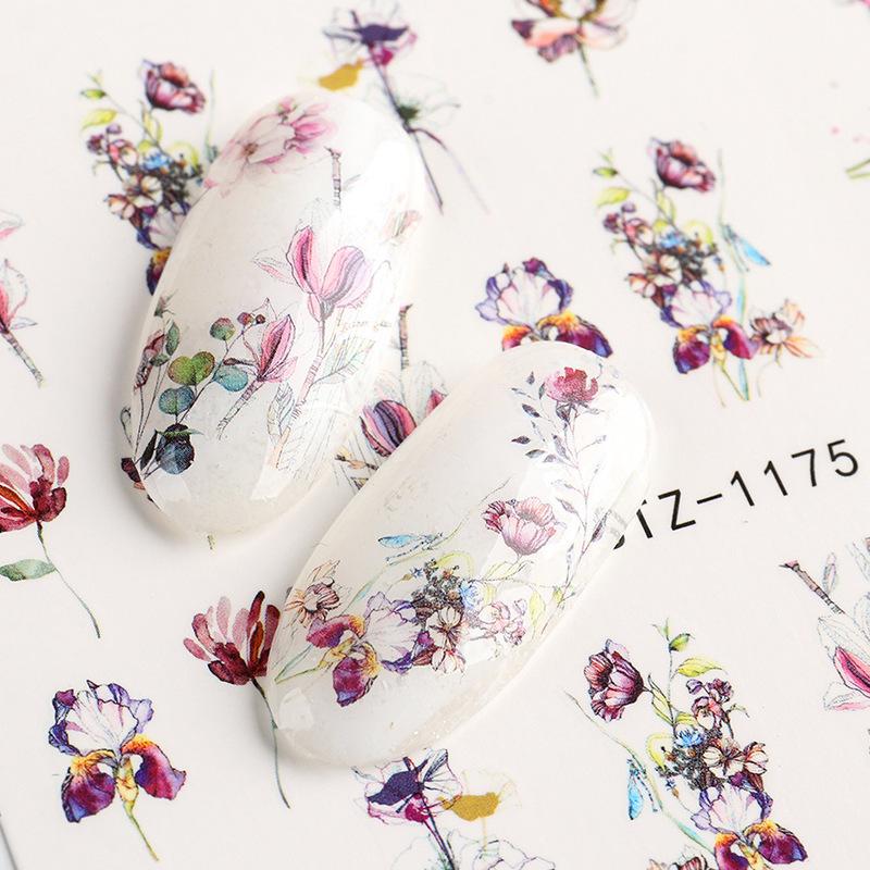 4Pcs Nail Art Slider Black Green Leaves Colorful Flowers Butterfly Spring Summer Nail Simple Designs Nail Art Stickers