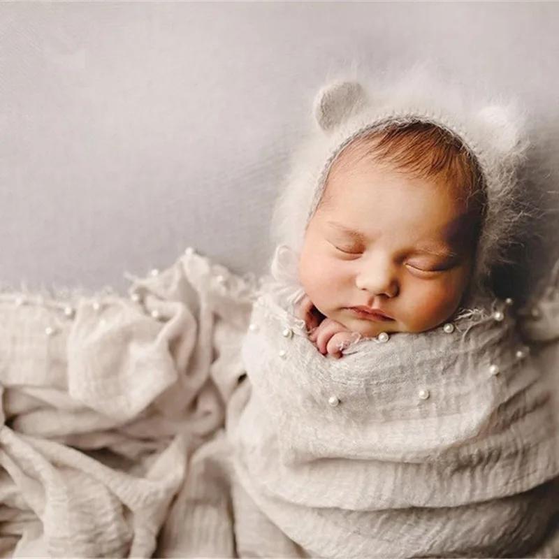 Newborn Photography Props Pearl Swaddling Clothes Baby Cotton Knitted Headband Hat Blanket