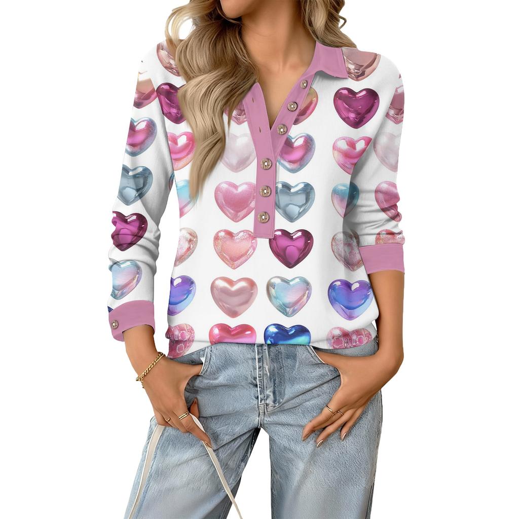 Damen Retro Street Lässiger V-Ausschnitt Langarm Knopf Valentinstag Herz Pullover Top