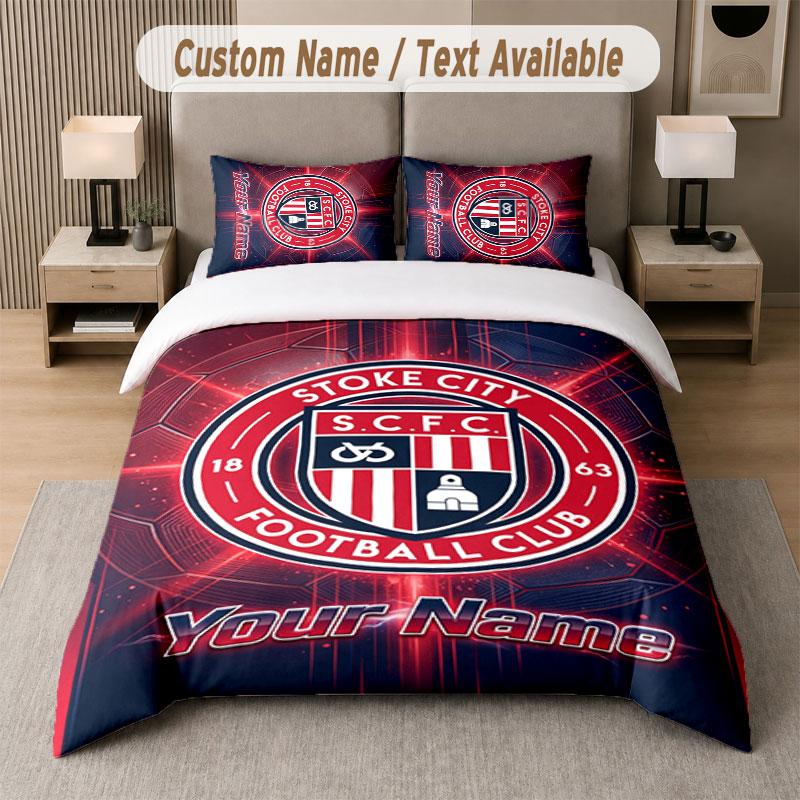 Custom Bedding Set Stoke City FC Pattern, Print Name Text 1 Duvet Cover Plus 2 Pillowcases Home Textile