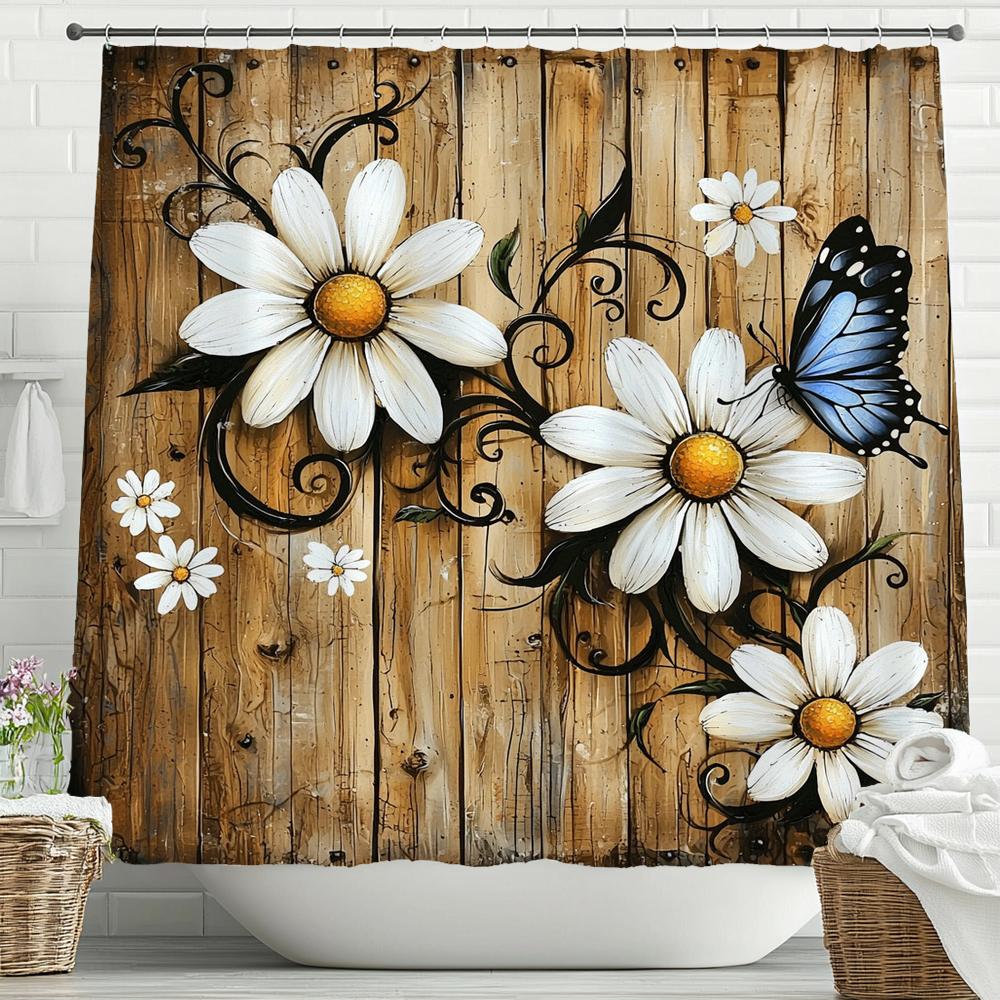 Flowers And Butterflies On Retro Wooden Boards Shower Curtain, Bathroom Shower Curtain, Waterproof Shower Curtain With Hooks