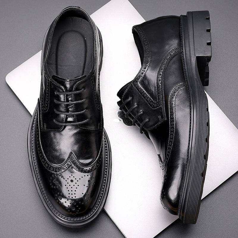Men's leather shoes leather new dress Brock leather shoes high sense business British platform men's shoes first layer cowhide