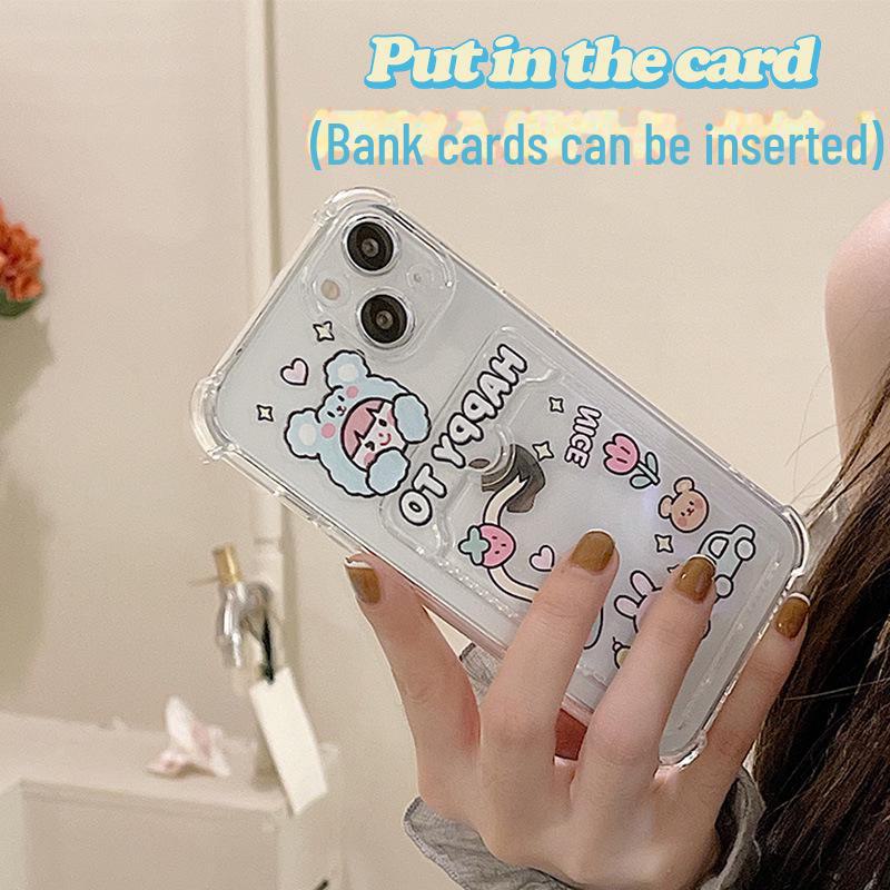 Zhitai Cartoon Blue Bear iPhone 15 Card Holder Case