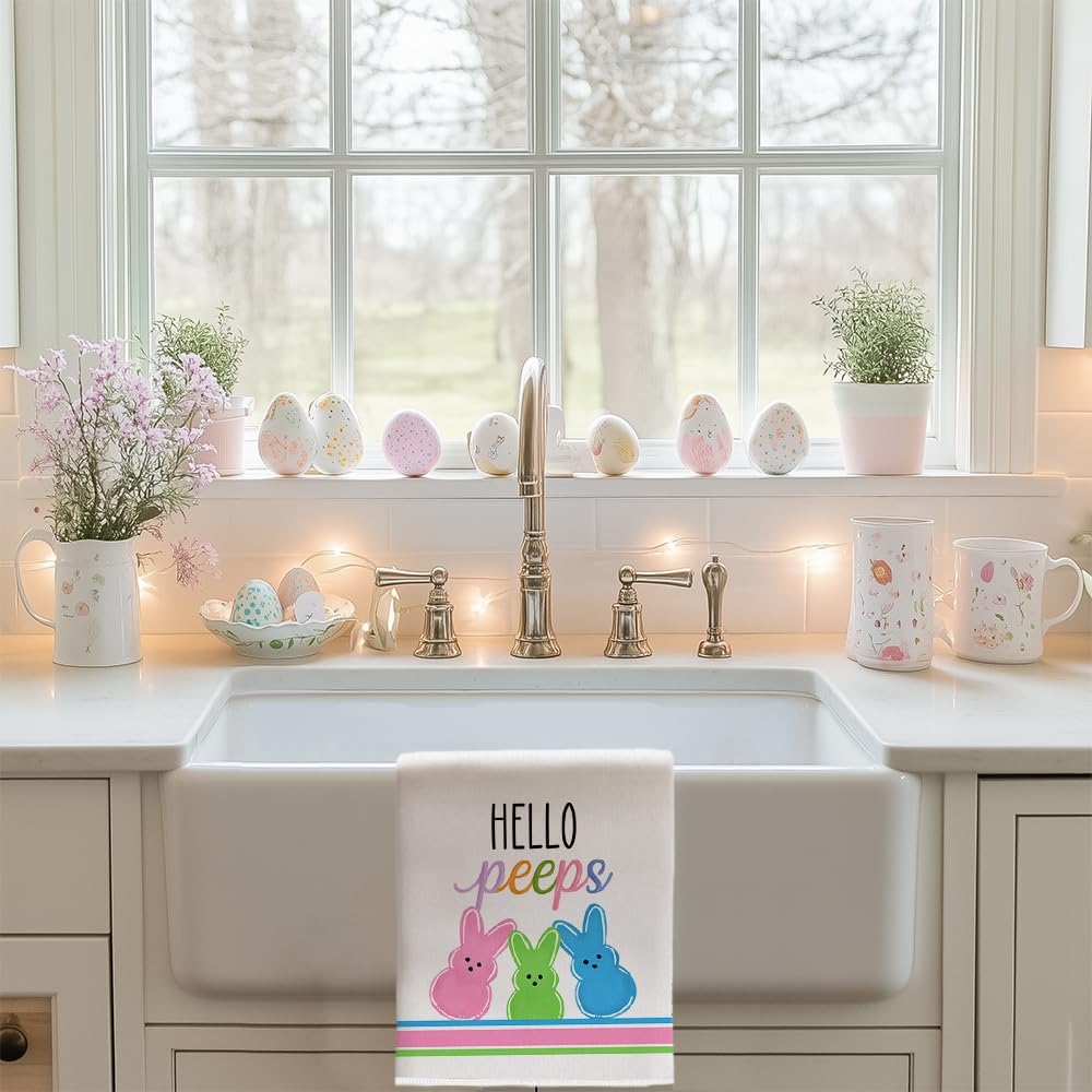 Colorful Bunny Happy Easter Kitchen Towels Set of 2,Hello Peeps Rabbits Dish Hand Towels Farmhouse Indoor Outdoor Holiday Seasonal Decorations DD079