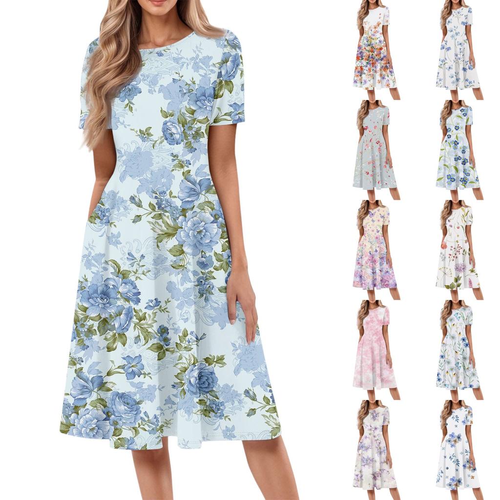 Women's Casual Fashion Round Neck Short Sleeve Floral Print Midi Dress