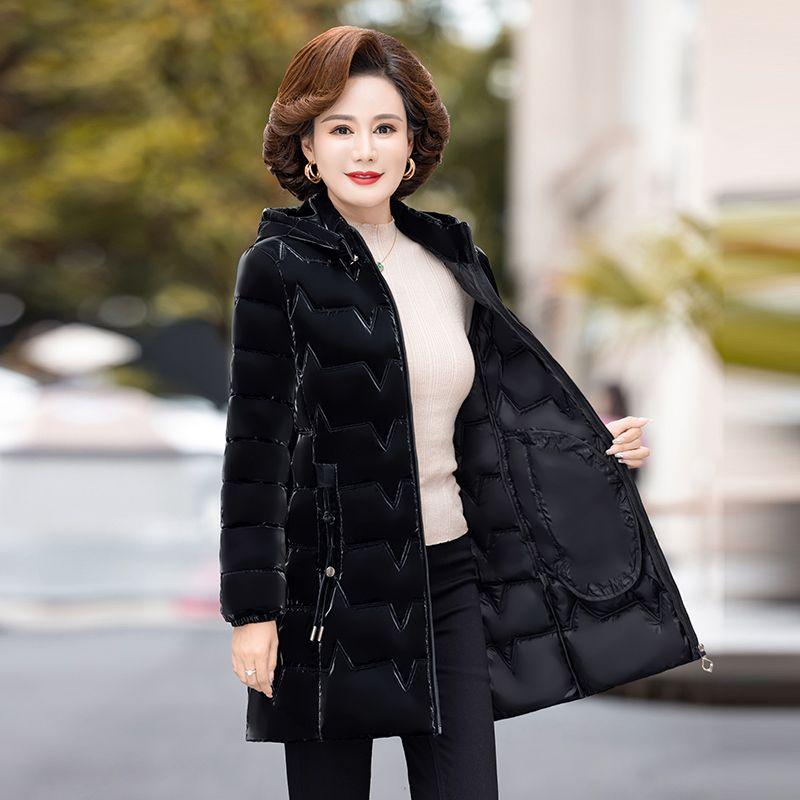 Fashionable and Comfortable Long Cotton Coat for Middle-aged and Elderly Women with Bright Surface